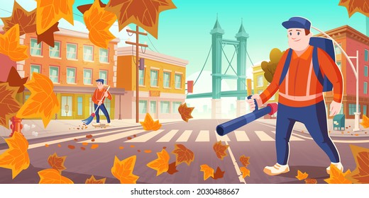 Urban sanitary service works. Janitors street cleaners sweeping dust and blowing out fallen leaves on cityscape background. Men with blower and broom cleanup autumn city, cartoon Vector illustration