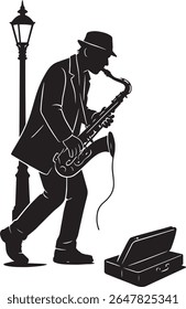  Urban Sax Serenade Street Músico Silhueta, Sidewalk Jazz Saxofone Player em Monocromático