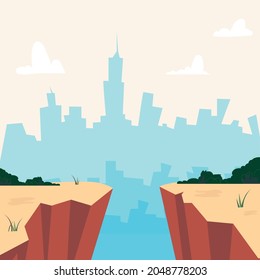 Urban scene with buildings, skyscrapers, and hills. Town flat design. City concept illustration. Cityscape. Flat vector illustration.
