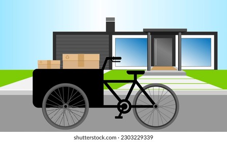 Urban Scene of a Cargo bike with loaded cardboard boxes and a store in the background. Flat vector illustration