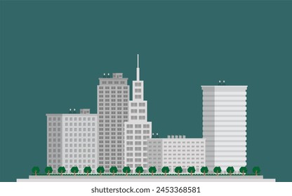 The urban scene is characterized by towering buildings and skyscrapers.