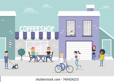 Urban scene. Cozy gentrified city street crowded with young people. Weekend city activities. Millennials living in a neighbourhood. Flat editable vector illustration, clip art