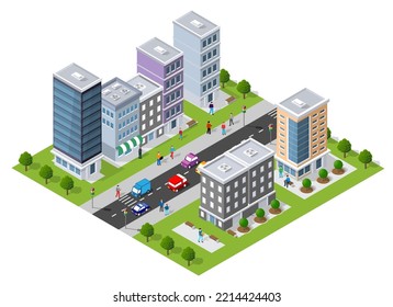 The urban scene feature city architecture, homes, streets, trees, and vehicles on urban-themed backgrounds. Isometric 3D illustrations of urban areas with skyscrapers, streets,