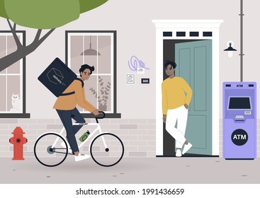 Urban scene, a food delivery worker shipping order to a customer, daily city life