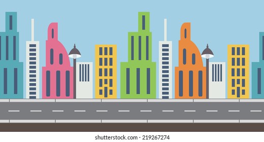 Urban scene game background. Day view, fully editable vector. Tileable horizontally