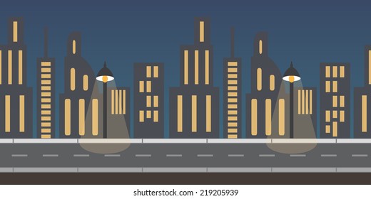 Urban scene game background. Night view, fully editable vector. Tileable horizontally