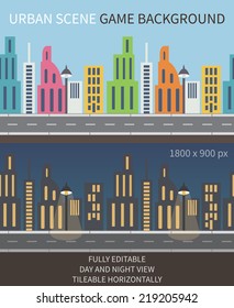 Urban scene game background. Night and day view, fully editable vector. Tileable horizontally