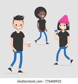 Urban scene. A group of young walking people wearing casual clothes. Millennials. Flat editable vector illustration, clip art