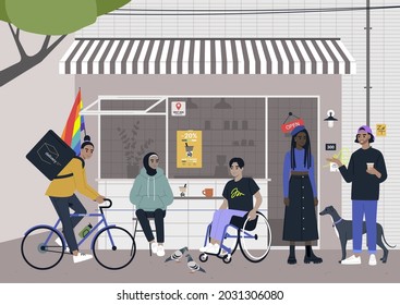 Urban scene, people sitting and standing outside of the coffee shop, modern lifestyle, inclusivity, and diversity