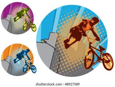 Urban scene, showing a BMX rider performing a big air jump. CMYK vector illustration with global colors. Three color options.