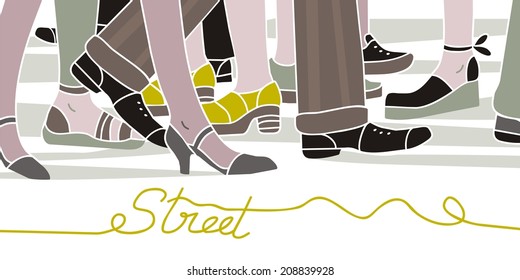 Urban scene with walking people in rush hour