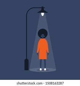 Urban scene. Young black female character standing under the light of a lantern. Conceptual flat illustration, clip art