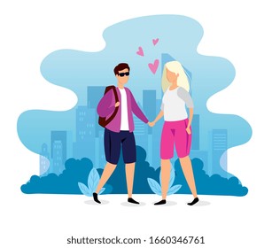 urban scene with young couple vector illustration design