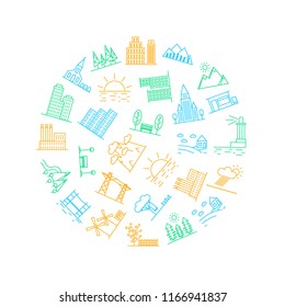 Urban Scenery Elements Icon Round Design Template Include of House and Building. Vector illustration