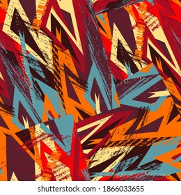 Urban seamless abstract coorful pattern with grunge spots and curved geometry elements