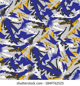 Urban seamless abstract pattern with curved geometry  elements, grunge spots and dots