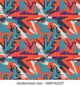 Urban seamless abstract pattern with curved geometry  elements, grunge spots and dots