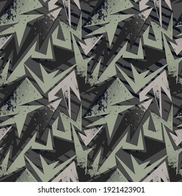 Urban seamless abstract pattern with curved geometry elements and grunge spots