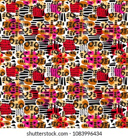 Urban seamless funky collage pattern with acrylic blots and scratches.Textile ink brush strokes design in doodle grunge texture style