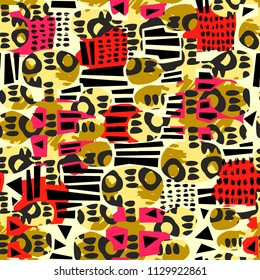 Urban seamless funky collage pattern with acrylic blots and scratches.Textile ink brush strokes design in doodle grunge texture style