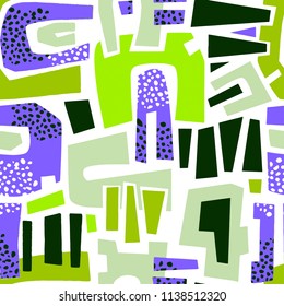 Urban seamless funky collage pattern with acrylic blots and scratches.Textile ink brush strokes design in doodle grunge texture style