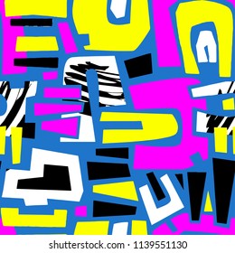 Urban seamless funky collage pattern with acrylic blots and scratches.Textile ink brush strokes design in doodle grunge texture style