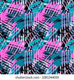 Urban seamless funky geometric pattern with acrylic blots and scratches.Textile ink brush strokes design in doodle grunge texture style