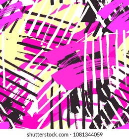 Urban seamless funky geometric pattern with acrylic blots and scratches.Textile ink brush strokes design in doodle grunge texture style