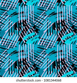 Urban seamless funky geometric pattern with acrylic blots and scratches.Textile ink brush strokes design in doodle grunge texture style
