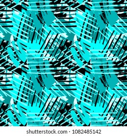 Urban seamless funky geometric pattern with acrylic blots and scratches.Textile ink brush strokes design in doodle grunge texture style