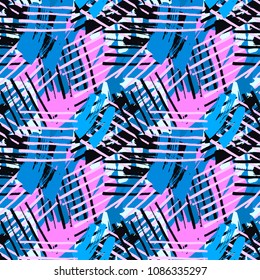 Urban seamless funky geometric pattern with acrylic blots and scratches.Textile ink brush strokes design in doodle grunge texture style