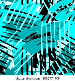 Urban seamless funky geometric pattern with acrylic blots and scratches.Textile ink brush strokes design in doodle grunge texture style