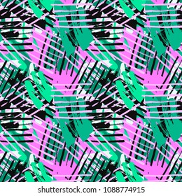 Urban seamless funky geometric pattern with acrylic blots and scratches.Textile ink brush strokes design in doodle grunge texture style