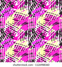 Urban seamless funky geometric pattern with acrylic blots and scratches.Textile ink brush strokes design in doodle grunge texture style