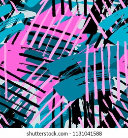 Urban seamless funky geometric pattern with acrylic blots and scratches.Textile ink brush strokes design in doodle grunge texture style