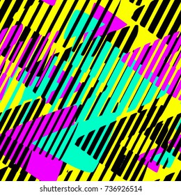 Urban seamless funky geometric pattern with acrylic blots and scratches.Textile ink brush strokes design in doodle grunge texture style