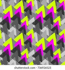 Urban seamless funky geometric pattern with acrylic blots and scratches.Textile ink brush strokes design in doodle grunge texture style