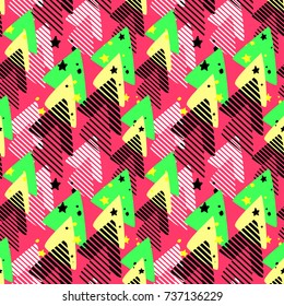 Urban seamless funky geometric pattern with acrylic blots and scratches.Textile ink brush strokes design in doodle grunge texture style