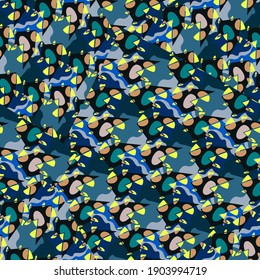Urban seamless modern pattern with curved chaotic abstract geometry elements and spots