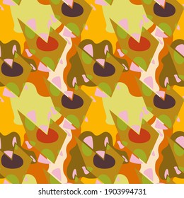 Urban seamless modern pattern with curved chaotic abstract geometry elements and spots