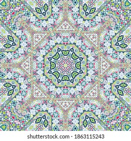 Urban seamless ornament of simple geometry shapes composition. Ethnic indian motif. Tile print. Small elements symmetry. Vector embroidery pattern.