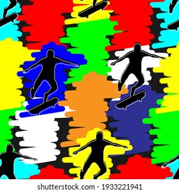 Urban seamless pattern for boys with skateboarders on multicolored zigzag.