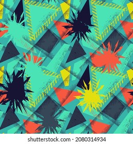 Urban seamless pattern with chaotic grunge spots and curved geometry elements