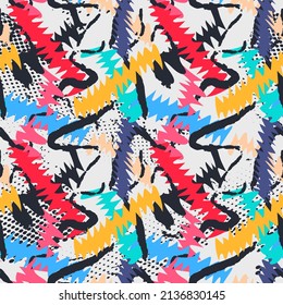 Urban seamless pattern with chatic curved elements and grunge wave lines