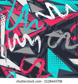 Urban seamless pattern with curved geometry elements and grunge spots