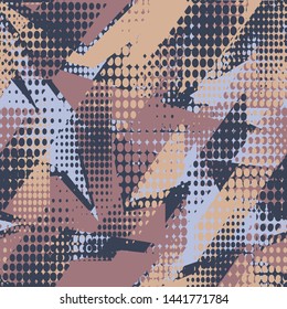 Urban seamless pattern with dots, curved geometry elements.