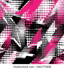 Urban seamless pattern with dots, curved geometry elements.