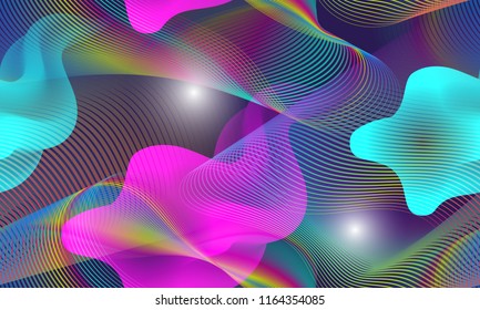 Urban seamless pattern of iridescent chaotic lines and floating ethereal shapes.