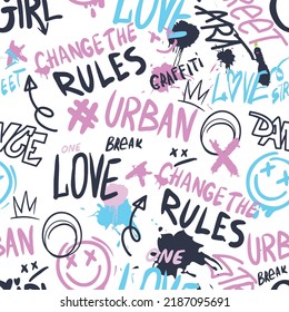 Urban seamless pattern street art graffiti slogan print with spray effect for graphic tee, fashion wear, wrapping paper and more - Vector
