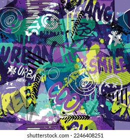 Urban seamless pattern street art graffiti slogan print with spray effect for graphic tee, fashion wear, wrapping paper and more - Vector
